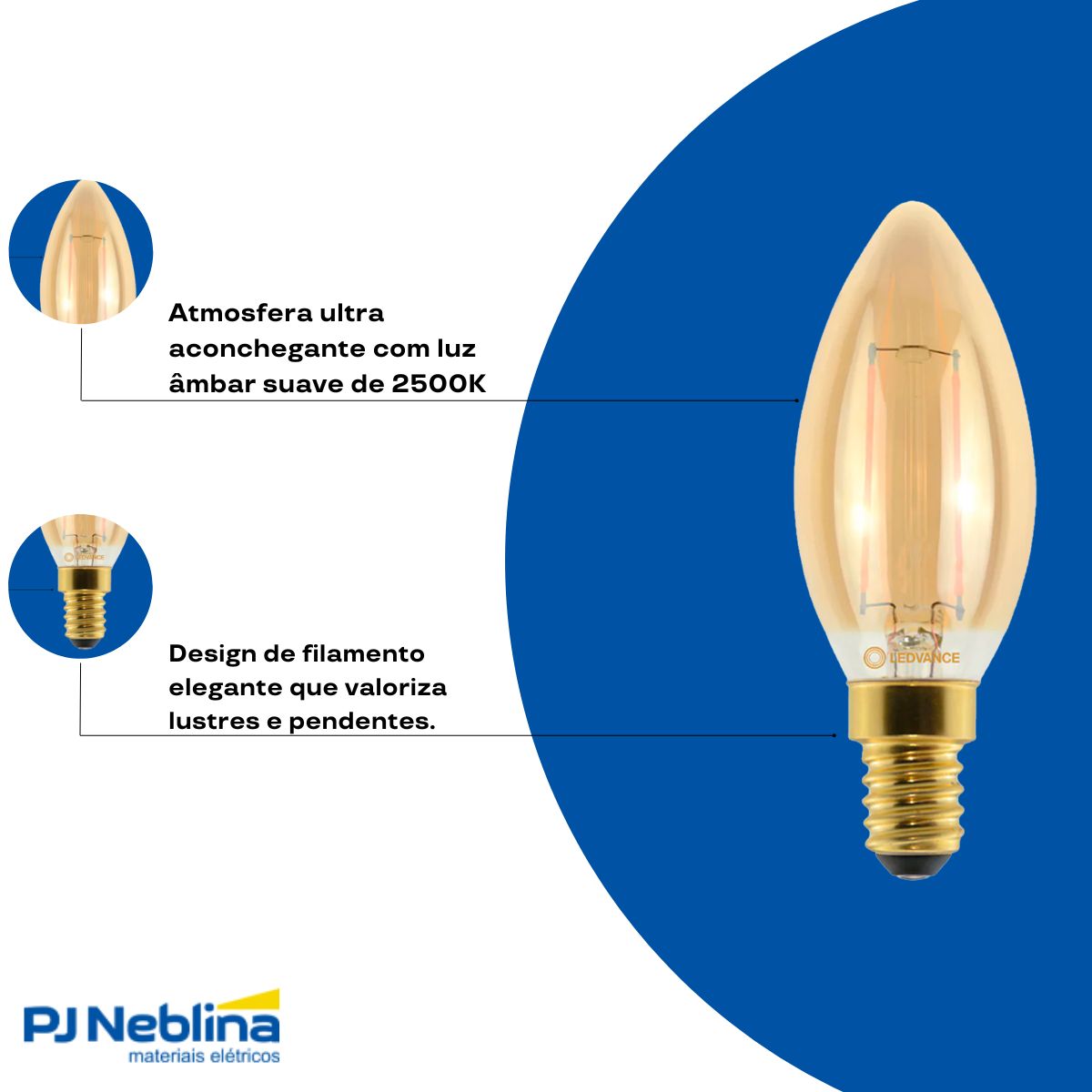 Lâmpada Led Filamento Vela 2,2W Bivolt E14 2500K Branco Quente Luz Amarela 210Lm - Ledvance