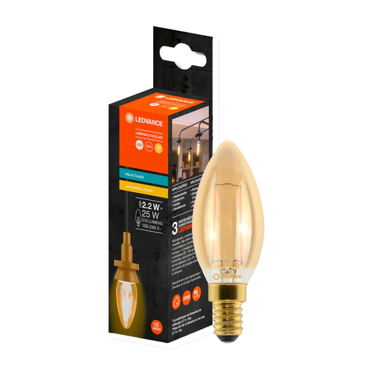 Lâmpada Led Filamento Vela 2,2W Bivolt E14 2500K Branco Quente Luz Amarela 210Lm - Ledvance
