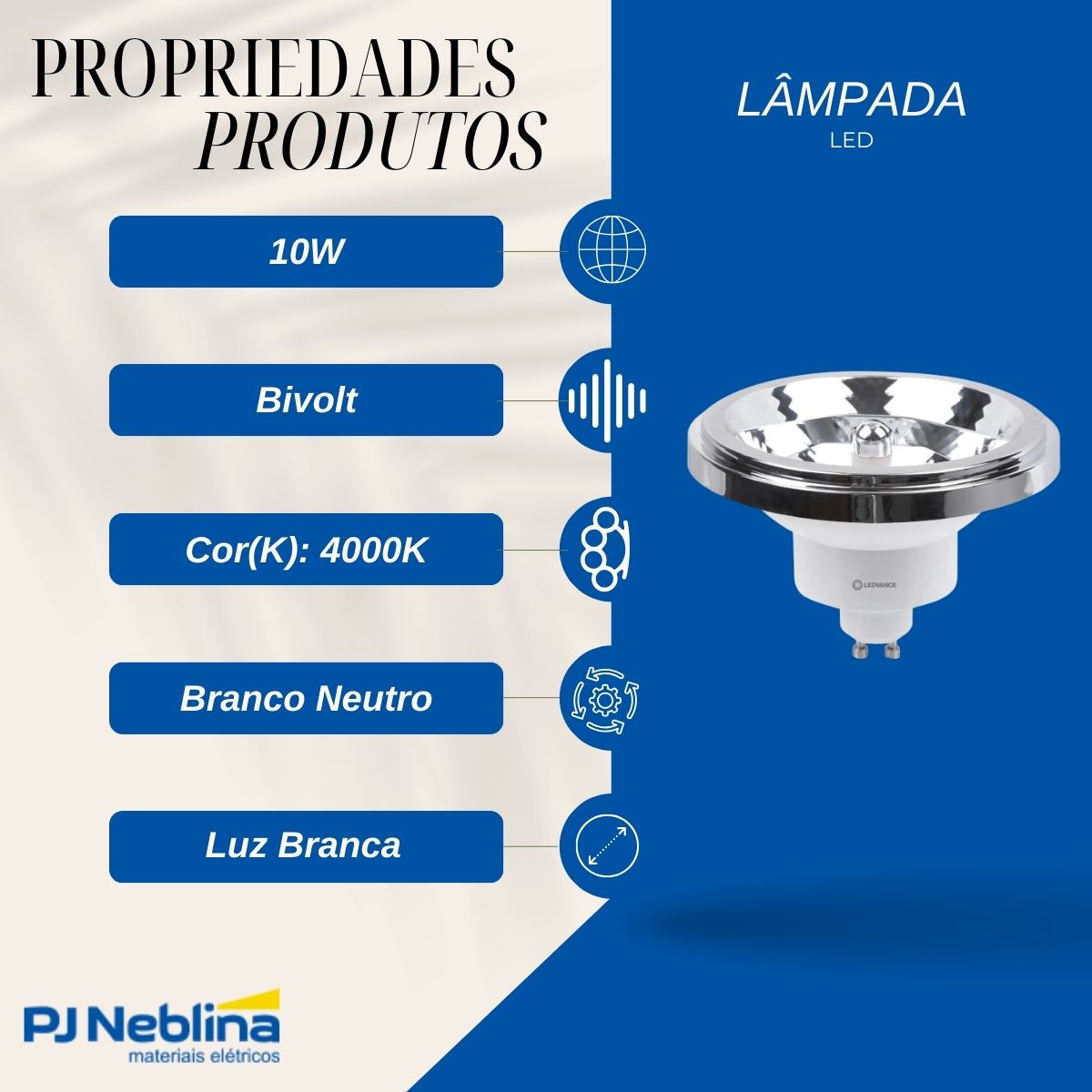 Lâmpada Led Ar111 10W Bivolt Gu10 4000K Branco Neutro Luz Branca 950Lm 24G - Ledvance