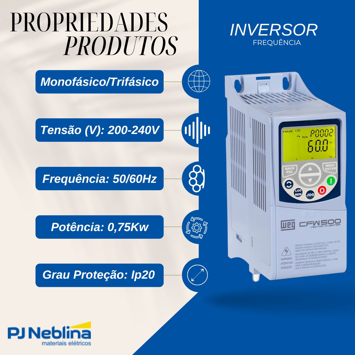 Inversor Frequência Monofásico/Trifásico 200-240V 50/60Hz 4,3A 0,75Kw - Weg