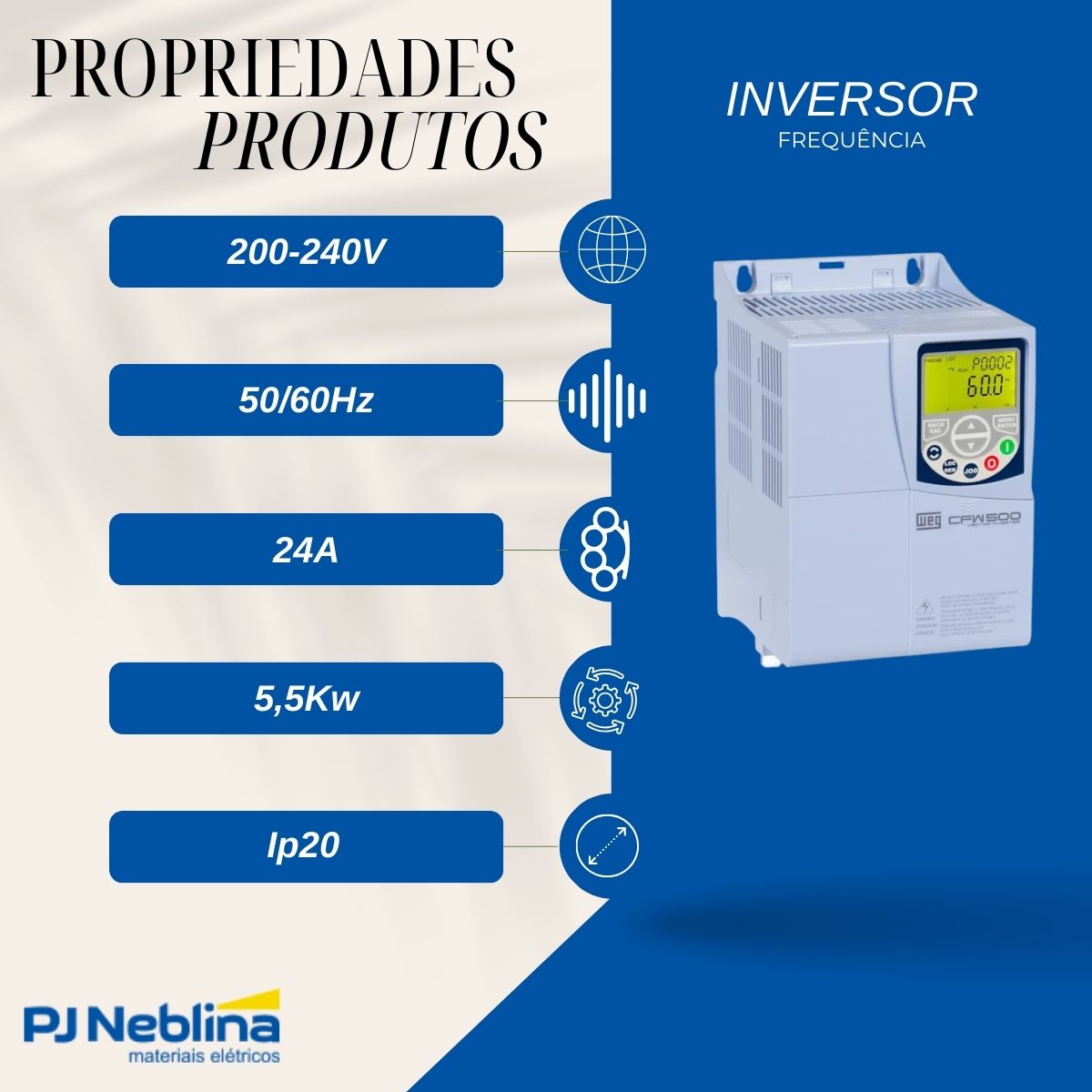 Inversor Frequência Trifásico 200-240V 50/60Hz 24A 5,5Kw - Weg