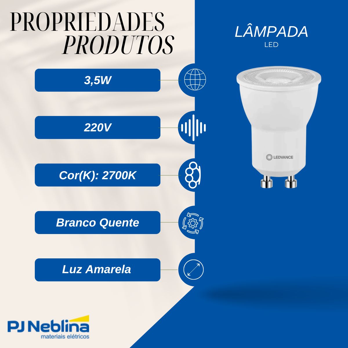 Lâmpada Led Dicroica Par11 3,5W 220V Gu10 2700K Branco Quente Luz Amarela 300Lm Dimerizavel - Ledvance