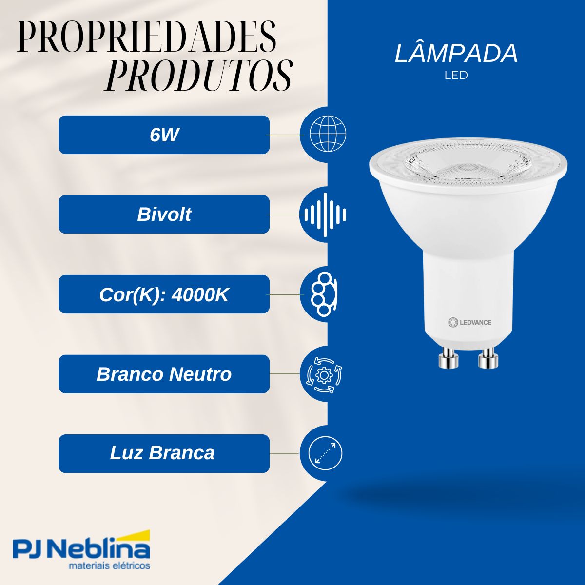 Lâmpada Led Dicroica Par16 6W Bivolt Gu10 4000K Branco Neutro Luz Branca 550Lm 36G - Ledvance