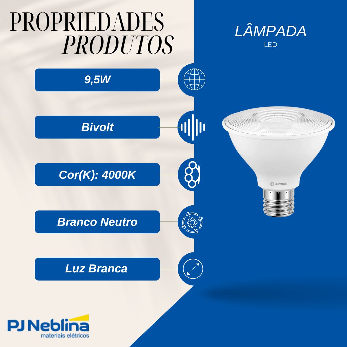 Lâmpada Led Par30 9,5W Bivolt E27 4000K Branco Neutro Luz Branca 940Lm - Ledvance