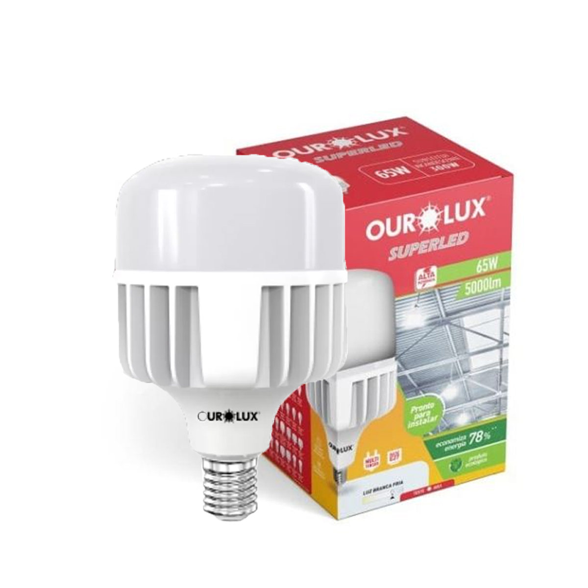 Lâmpada Led Bulbo Alta Potência T240 65W Bivolt E27 6500K Branco Frio 5000Lm - Ourolux