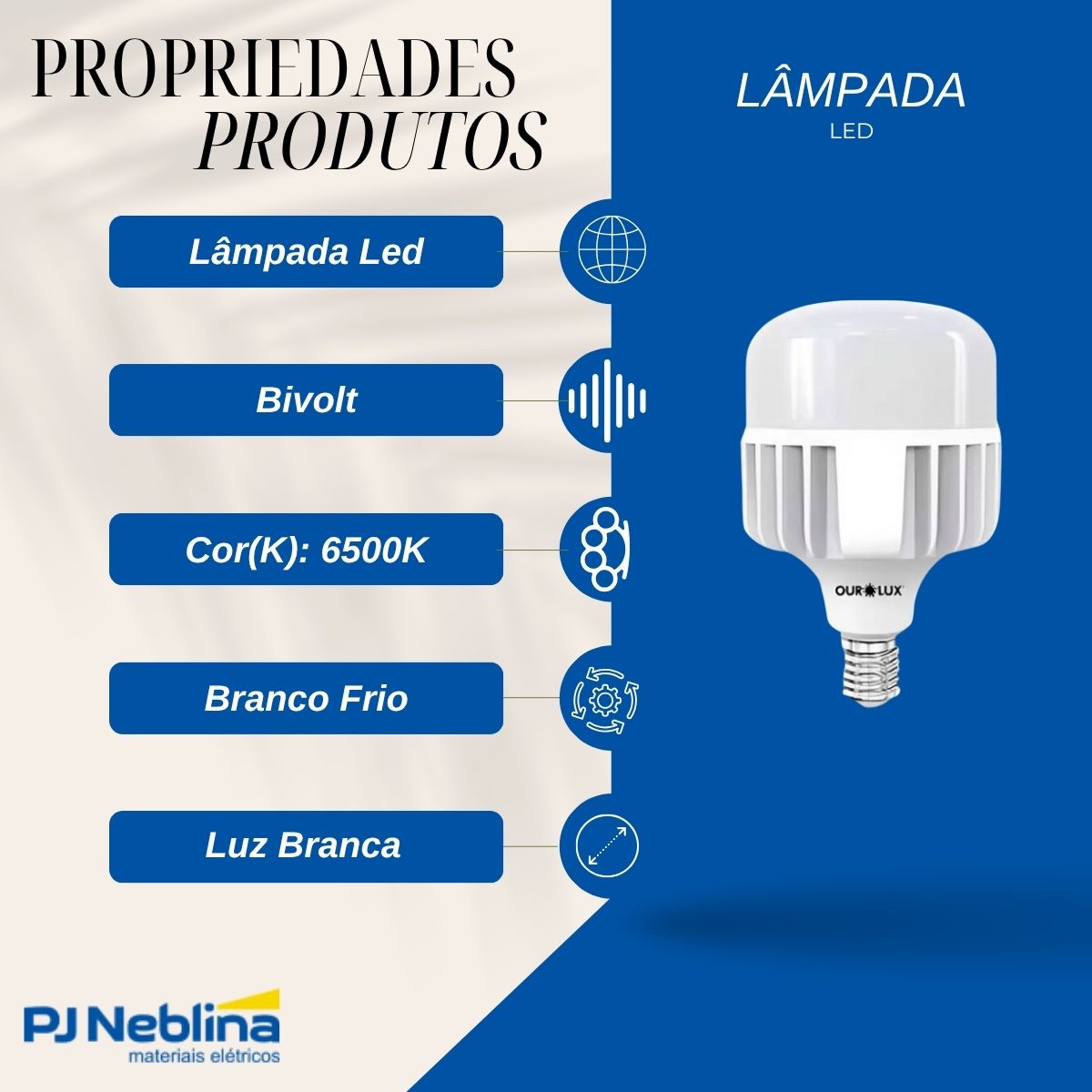 Lâmpada Led Bulbo Alta Potência T 65W Bivolt E40 6500K Branco Frio Luz Branca 5000Lm - Ourolux
