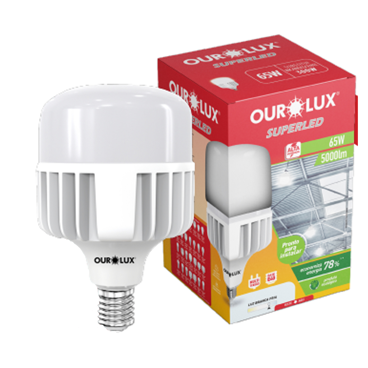 Lâmpada Led Bulbo Alta Potência T210 80W Bivolt E27 6500K Branco Frio 6400Lm - Ourolux