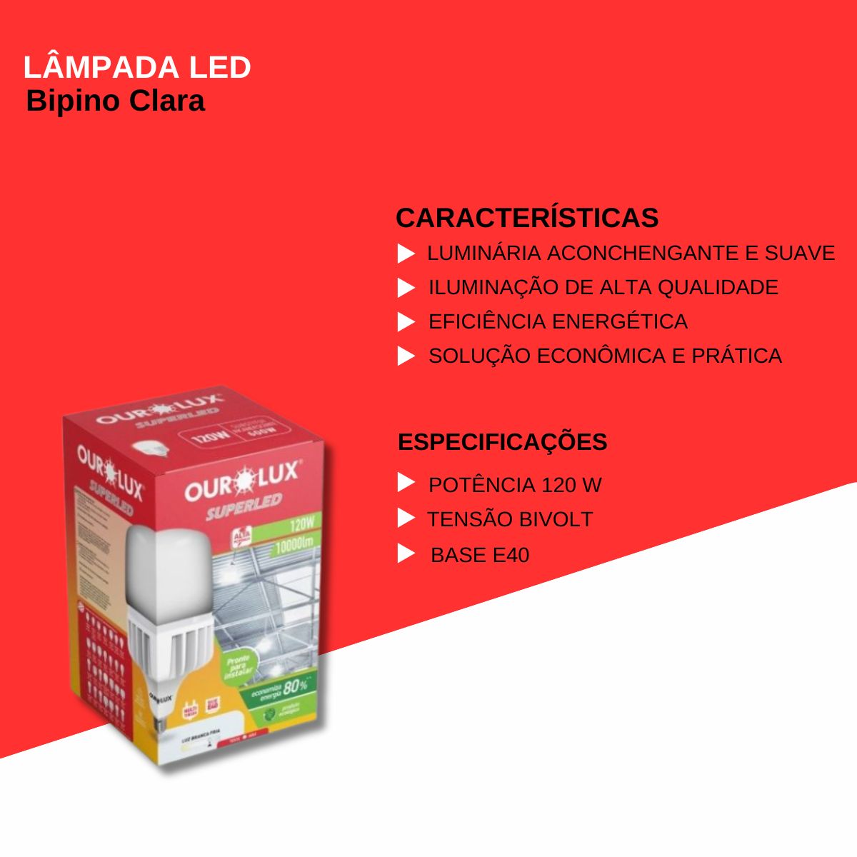 Lâmpada Led Bulbo Alta Potência T 120W Bivolt E40 6500K Luz Branca - Ourolux