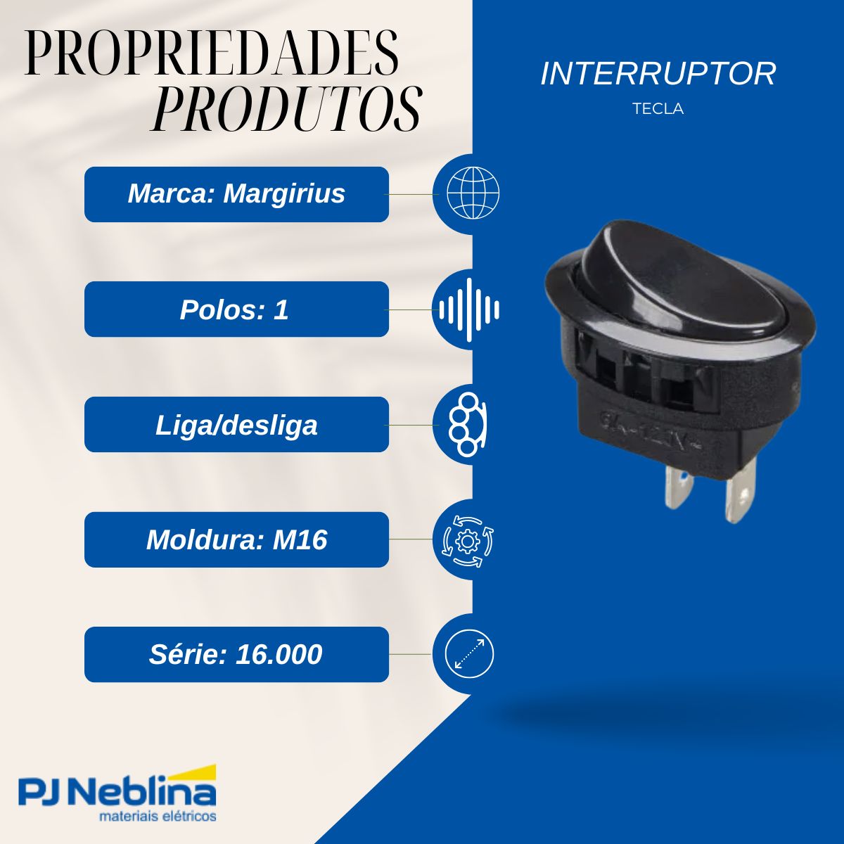 Interruptor Tecla Liga/Desliga Oval Moldura M16 3/6A 120/250Vca 1P Preto - Margirius