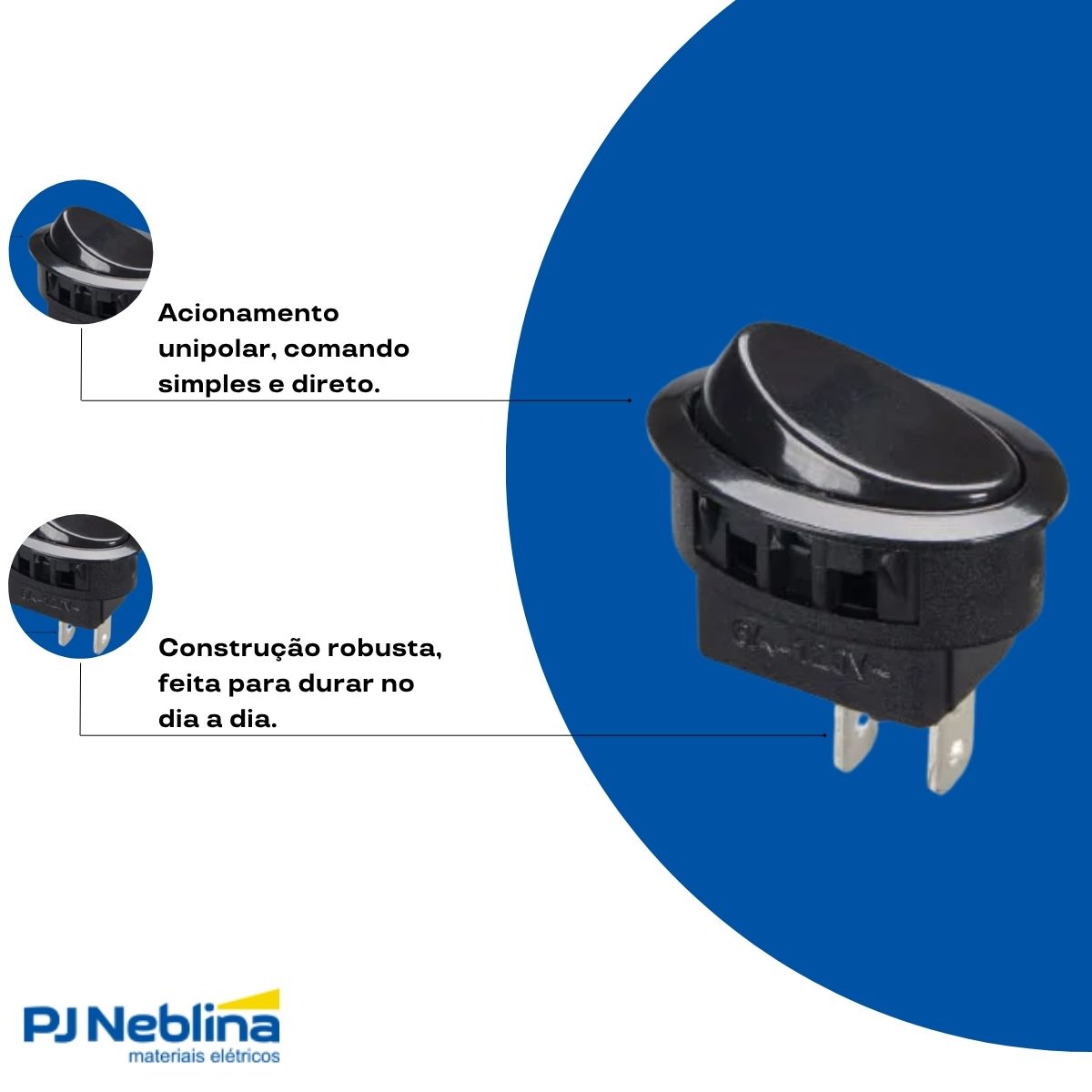 Interruptor Tecla Liga/Desliga Oval Moldura M16 3/6A 120/250Vca 1P Preto - Margirius