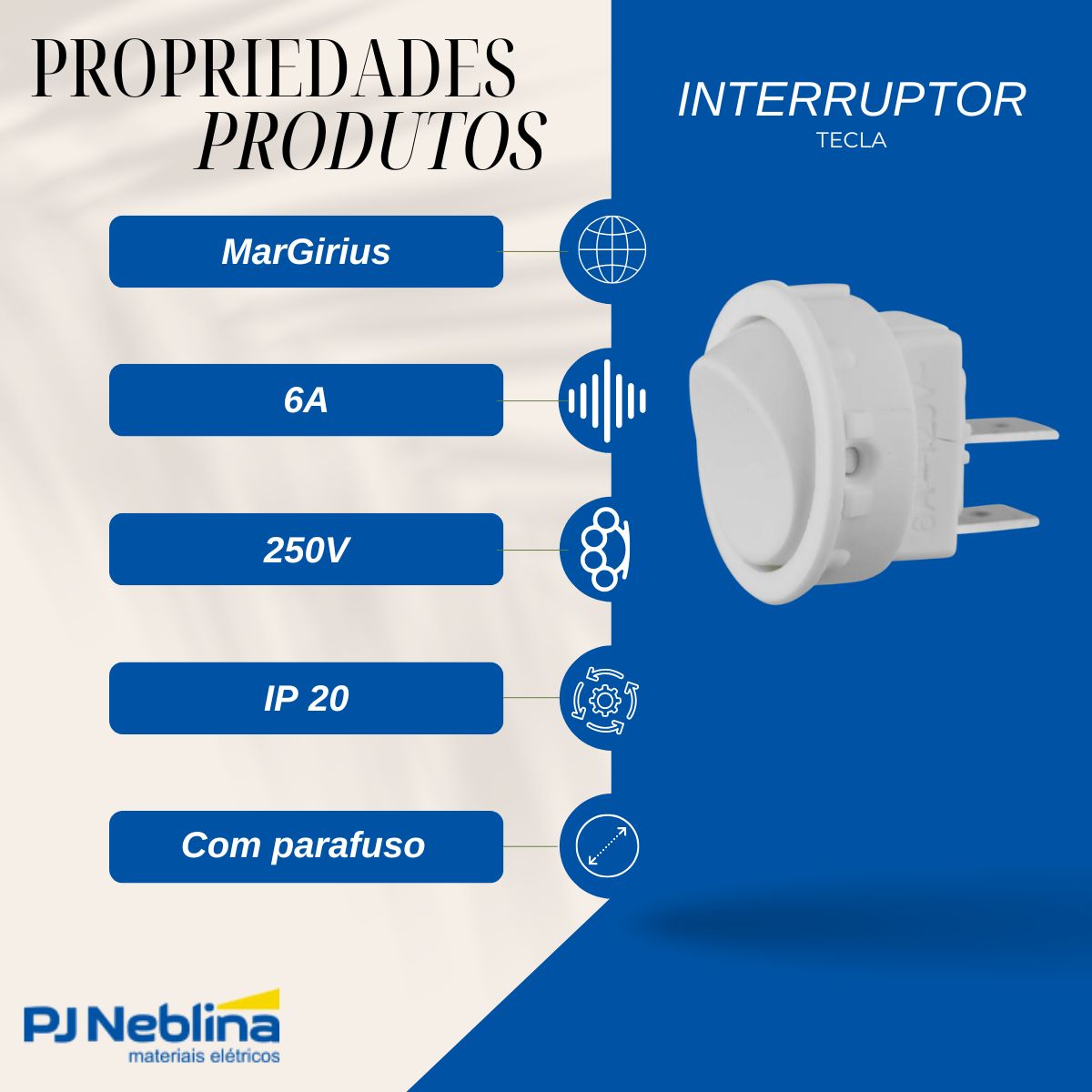 Interruptor Unip Liga / Desliga De Tecla Bc 6A Moldura M2 - Margirius