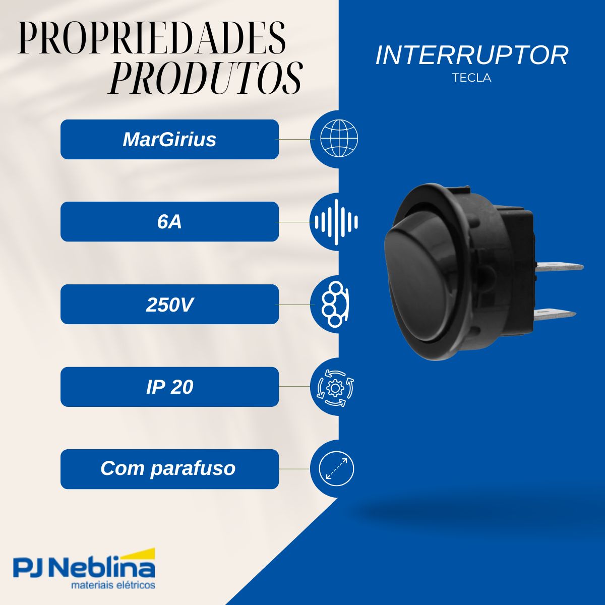 Interruptor Unip Liga / Desliga De Tecla Preto 6A Moldura M2 - Margirius