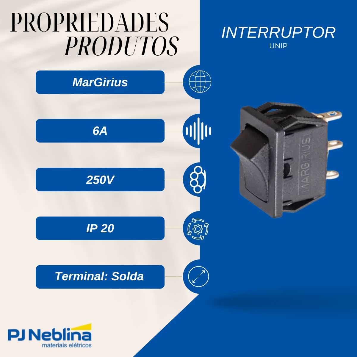 Interruptor Unip Liga / Liga Moldura M Preto 6A Term. Solda - Margirius