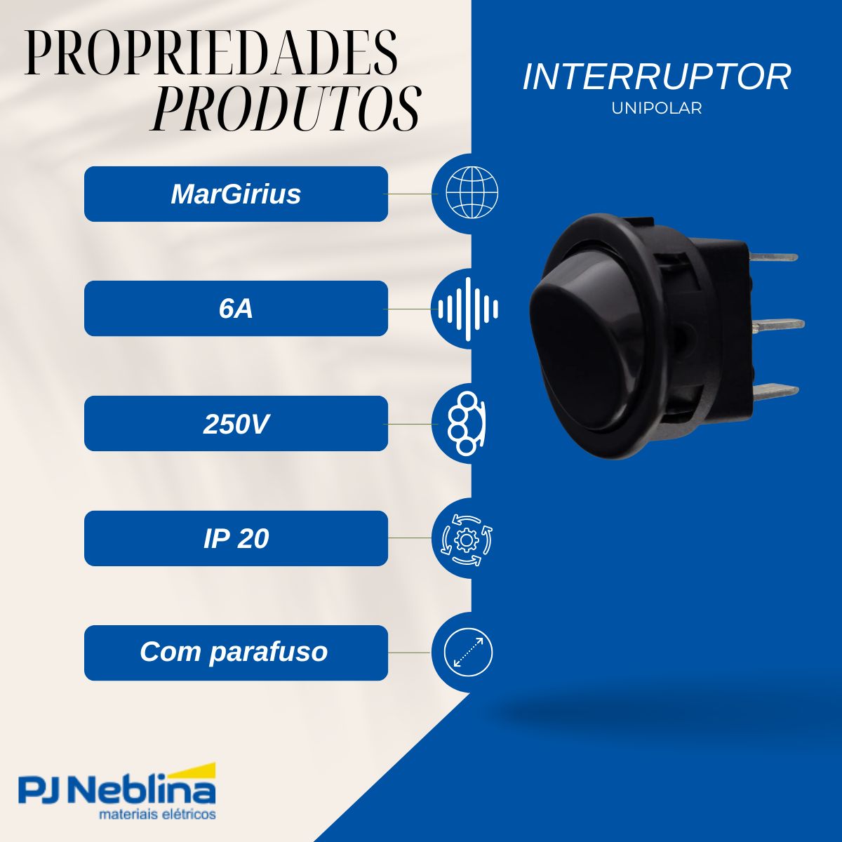 Interruptor Unip Moldura M9 6A - Margirius