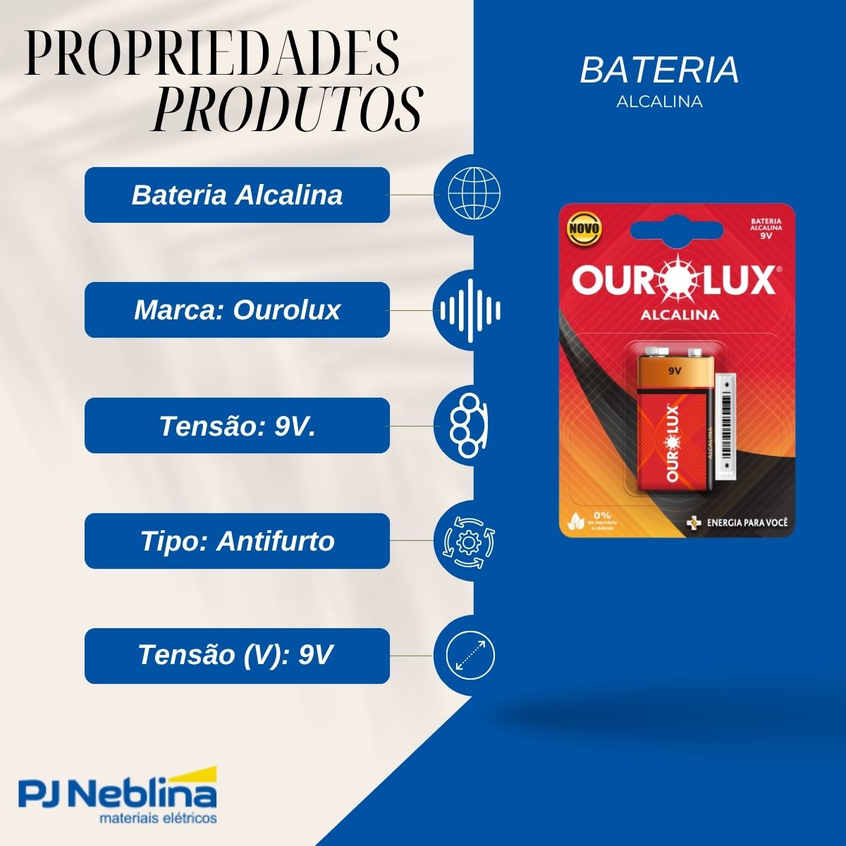 Bateria Alcalina Antifurto 9V - Ourolux