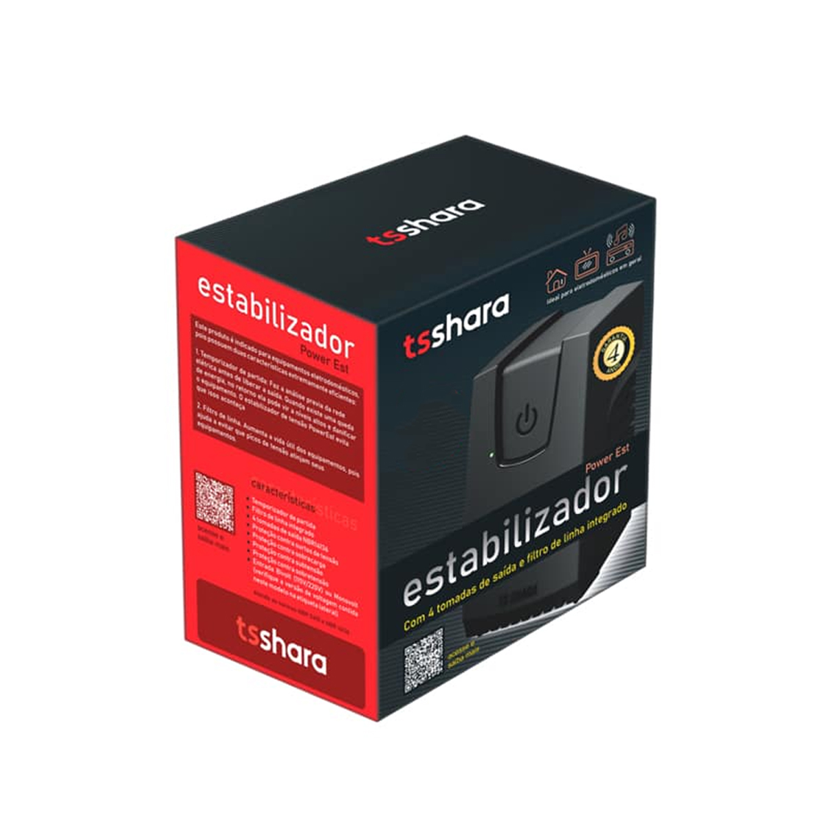 Estabilizador De Tensão Powerest 300Va 4 Tomadas Saída 115V Preto 50/60Hz 9101 - Ts Shara