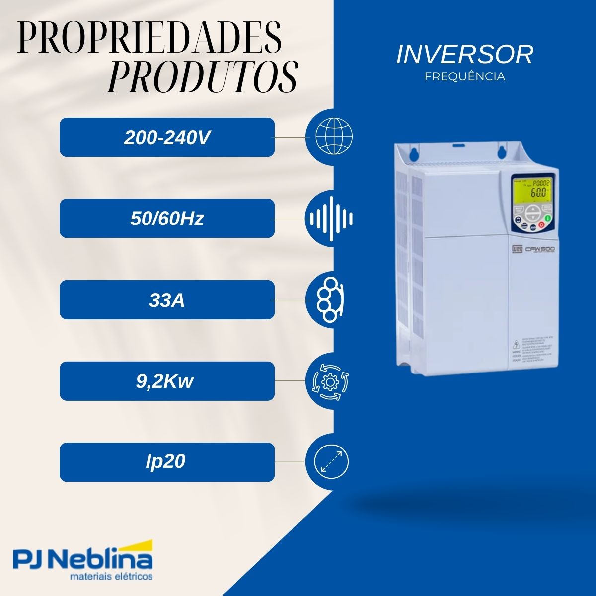 Inversor Frequência Trifásico 200-240V 50/60Hz 33A 9,2Kw C/Frenagem - Weg