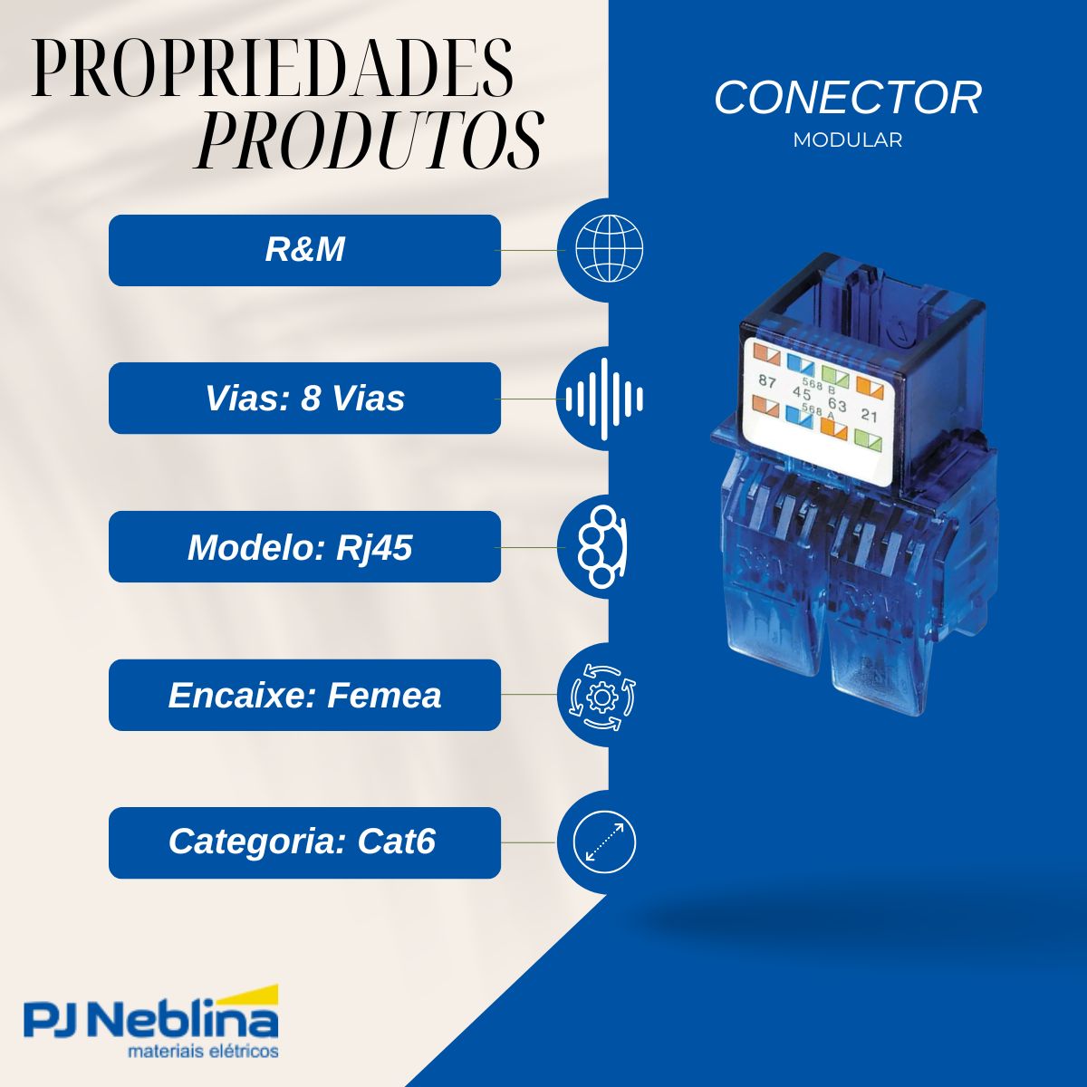 Conector Modular Rj45 Femea Cat6 8 Vias Azul - R&M