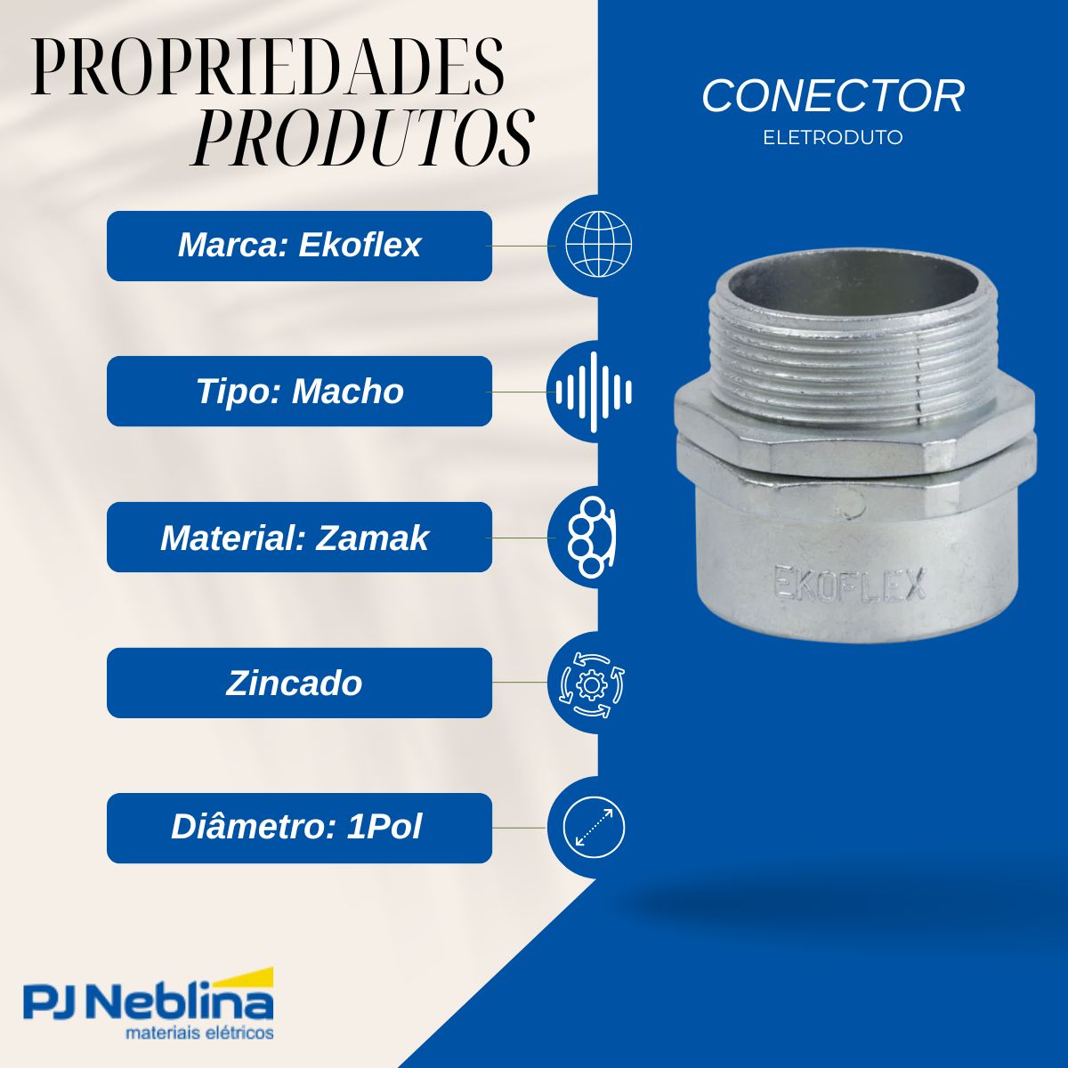 Conector Eletroduto Macho Zamak Zincado 1Pol Bsp Reto Giratório - Ekoflex