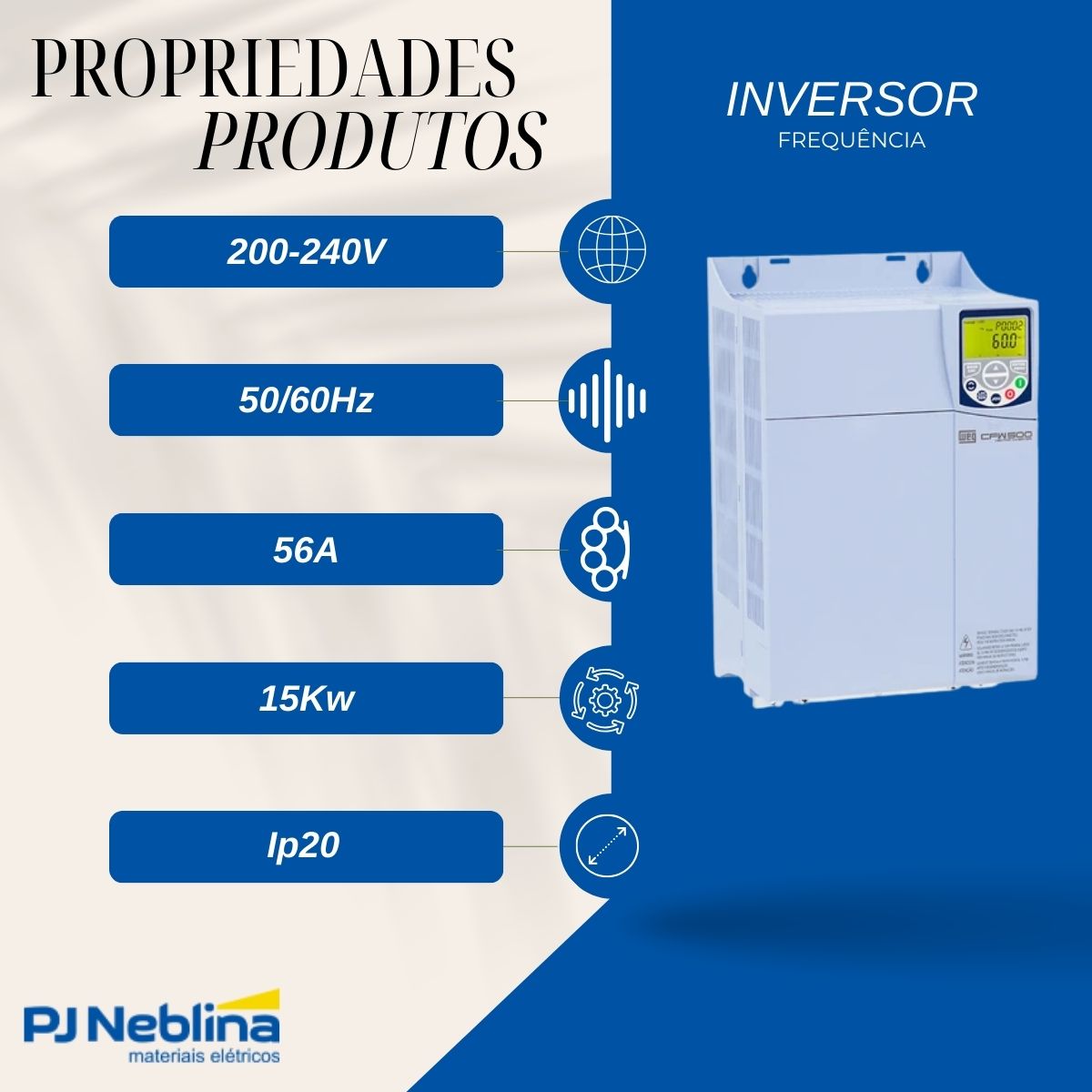 Inversor Frequência Trifásico 200-240V 50/60Hz 56A 15Kw C/Frenagem - Weg