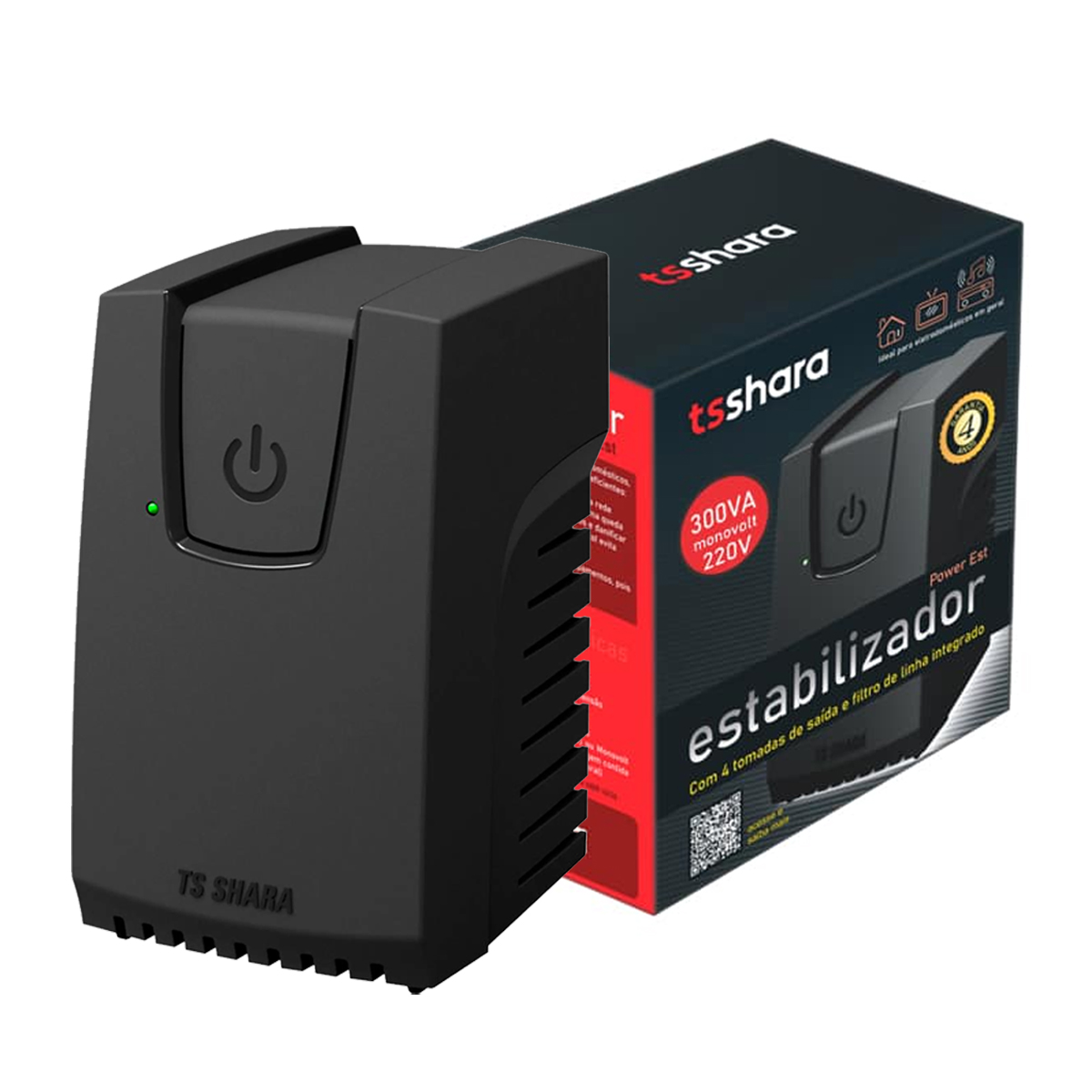 Estabilizador Powerest 300Va 4 Tomadas Preto E=220V S=220V IP20 50/60Hz 9119 - Ts Shara
