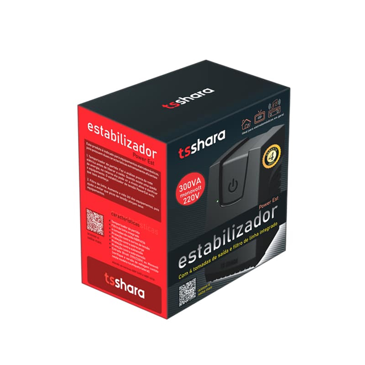 Estabilizador Powerest 300Va 4 Tomadas Preto E=220V S=220V IP20 50/60Hz 9119 - Ts Shara