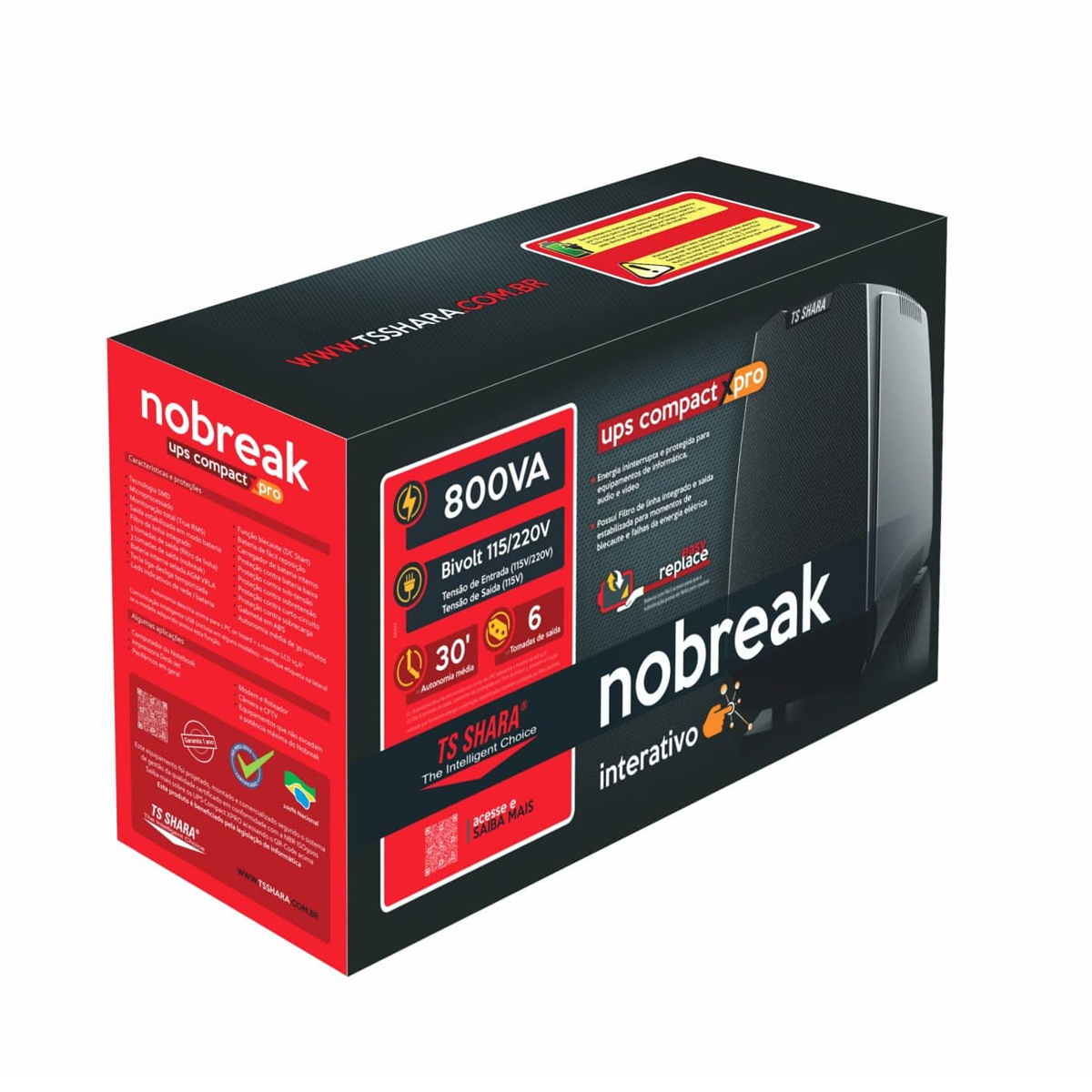 Nobreak Ups Compact Xpro 800Va E=Bivolt S=115V 1 Bateria Com 6 Tomadas 7Ah Preto 50/60Hz - Ts Shara