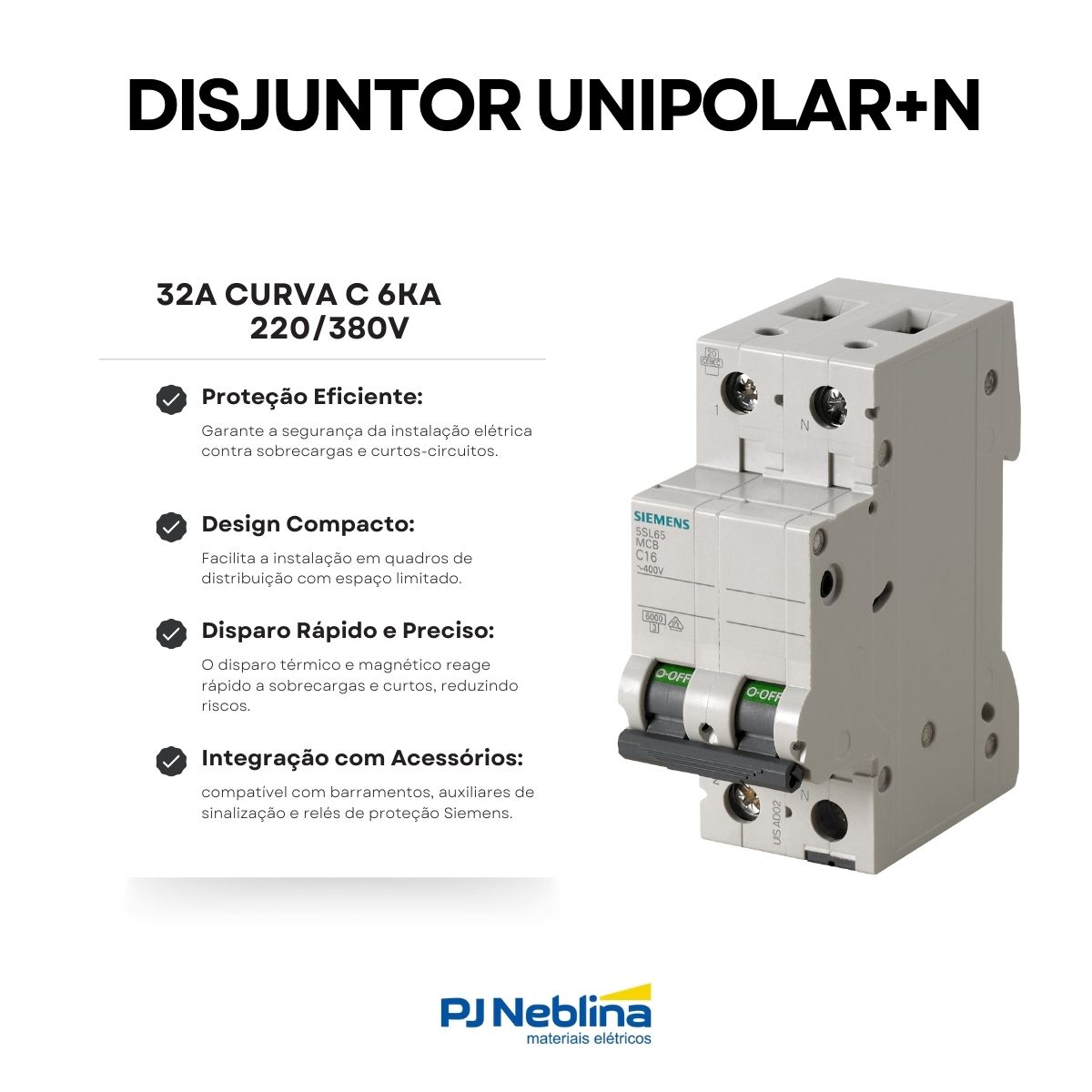 Disjuntor Mini Din Unipolar+N 32A Curva C 6kA 220/380V - Siemens