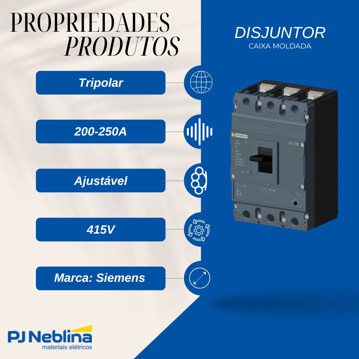 Disjuntor Caixa Moldada Tripolar 200-250A 36Ka 415V 50/60Hz - Siemens