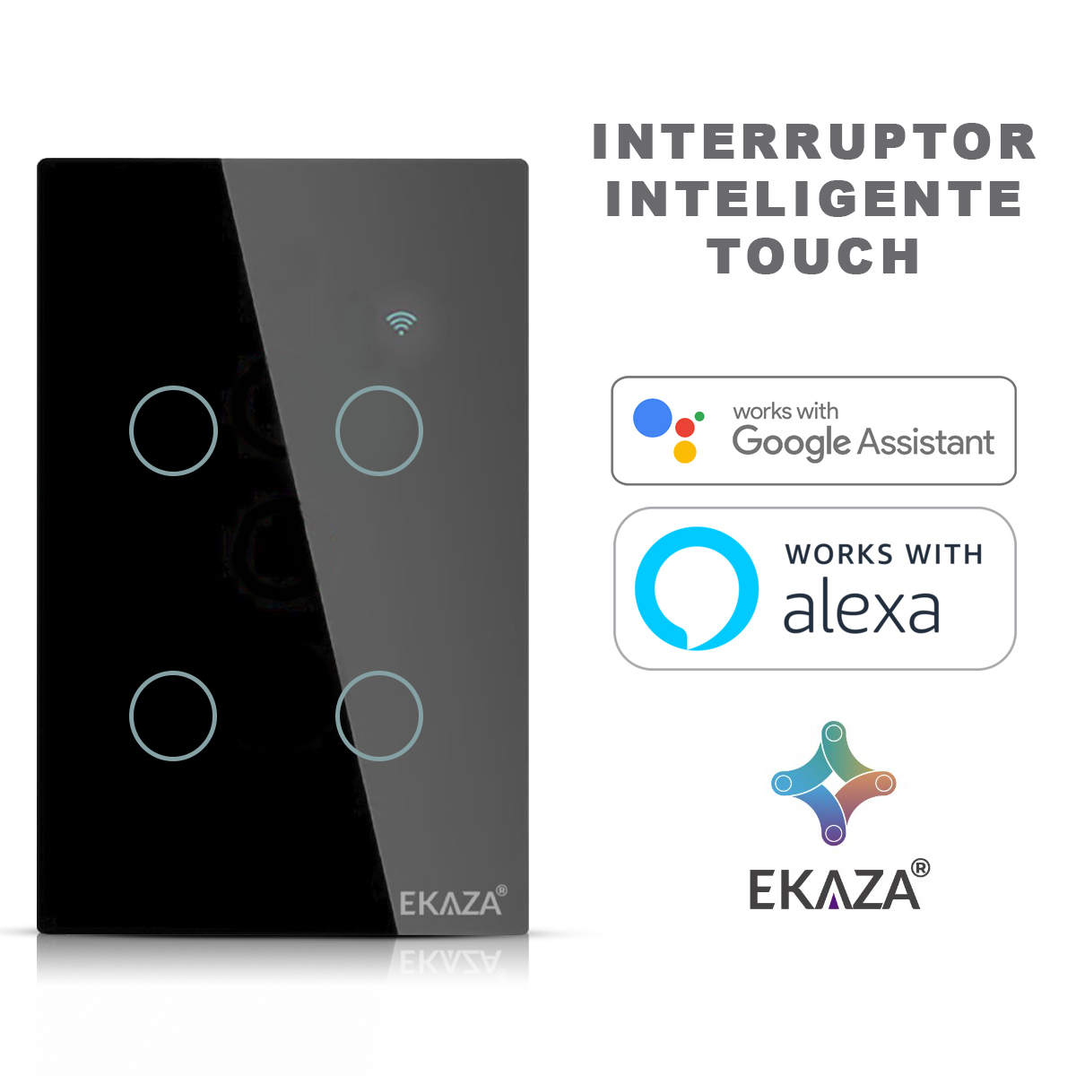 Interruptor Inteligente Smart Wifi Touch 4 Botões Bivolt 4X2 Preto Android/iOS Alexa/Google - Ekaza