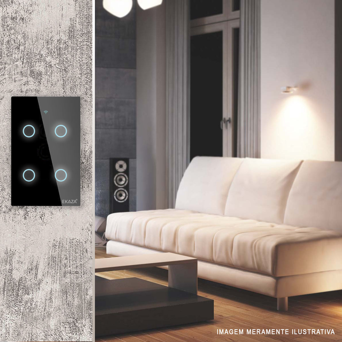 Interruptor Inteligente Smart Wifi Touch 4 Botões Bivolt 4X2 Preto Android/iOS Alexa/Google - Ekaza