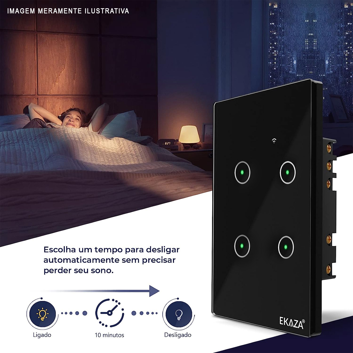 Interruptor Inteligente Smart Wifi Touch 4 Botões Bivolt 4X2 Preto Android/iOS Alexa/Google - Ekaza