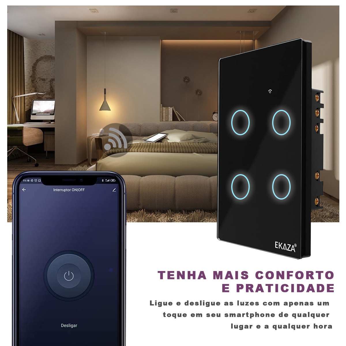 Interruptor Inteligente Smart Wifi Touch 4 Botões Bivolt 4X2 Preto Android/iOS Alexa/Google - Ekaza