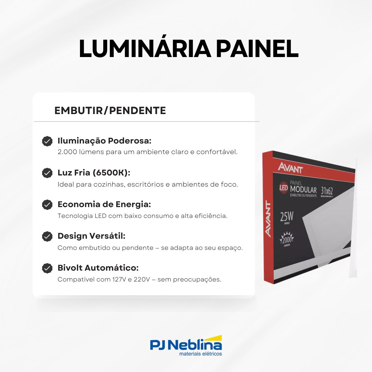 Luminária Painel Led Embutir/Pendente Retangular Branco 25W Bivolt 6500K Branco Frio 2000Lm - Avant