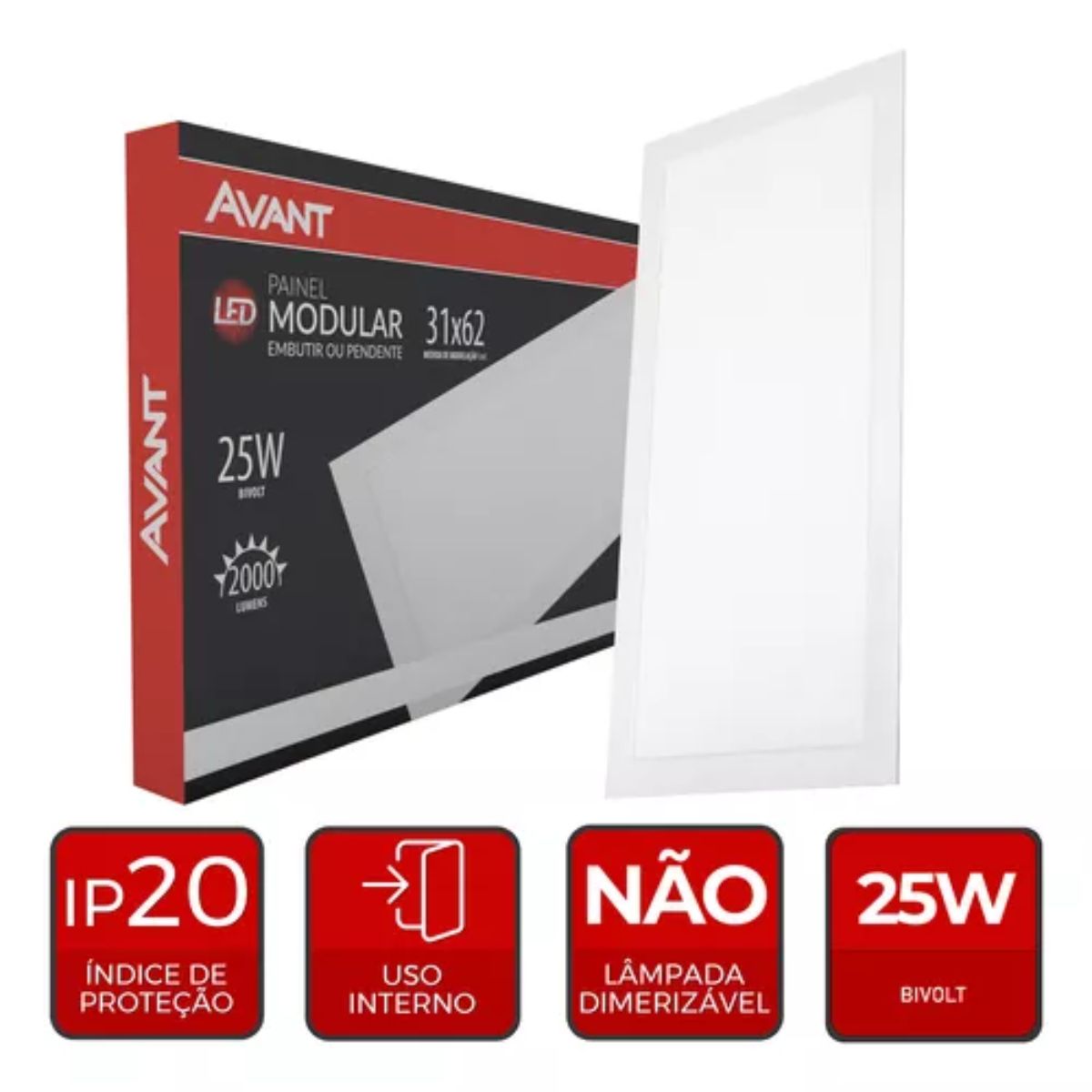 Luminária Painel Led Embutir/Pendente Retangular Branco 25W Bivolt 6500K Branco Frio 2000Lm - Avant