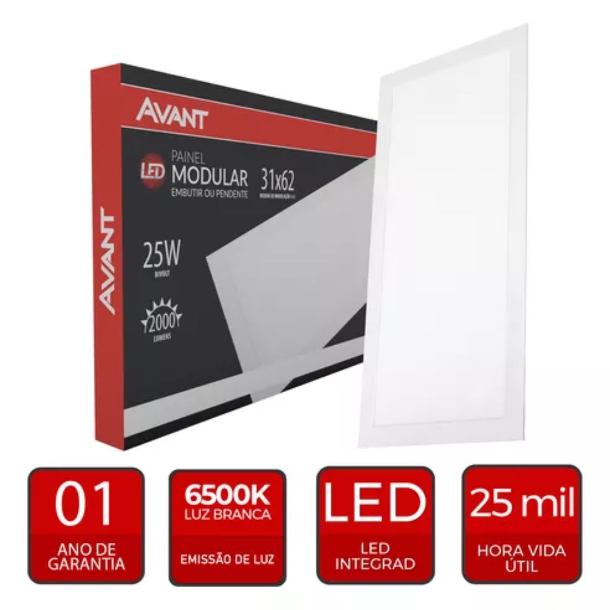 Luminária Painel Led Embutir/Pendente Retangular Branco 25W Bivolt 6500K Branco Frio 2000Lm - Avant