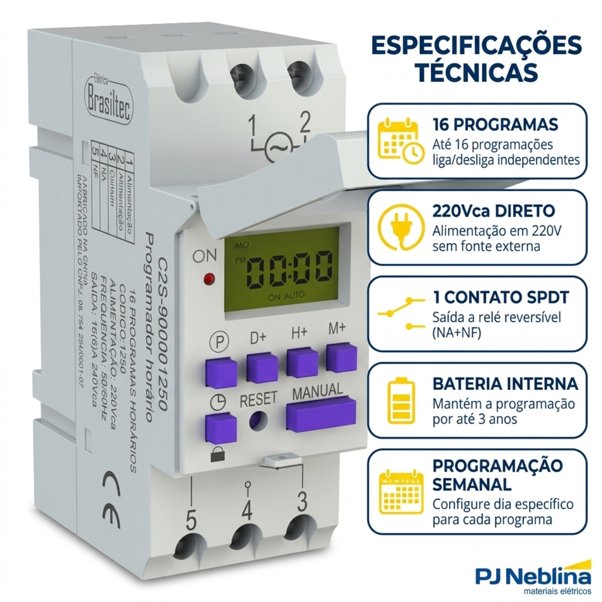 Timer Programador Horario Digital 16 Programas 220vca 1 Cont