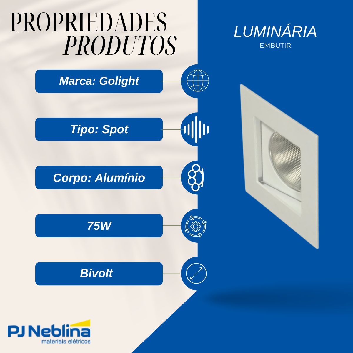 Luminária Spot Embutir Quadrado Branco P/Lâmpada Par30 75W E27 Bivolt Foco Direcionável/Recuado - Golight