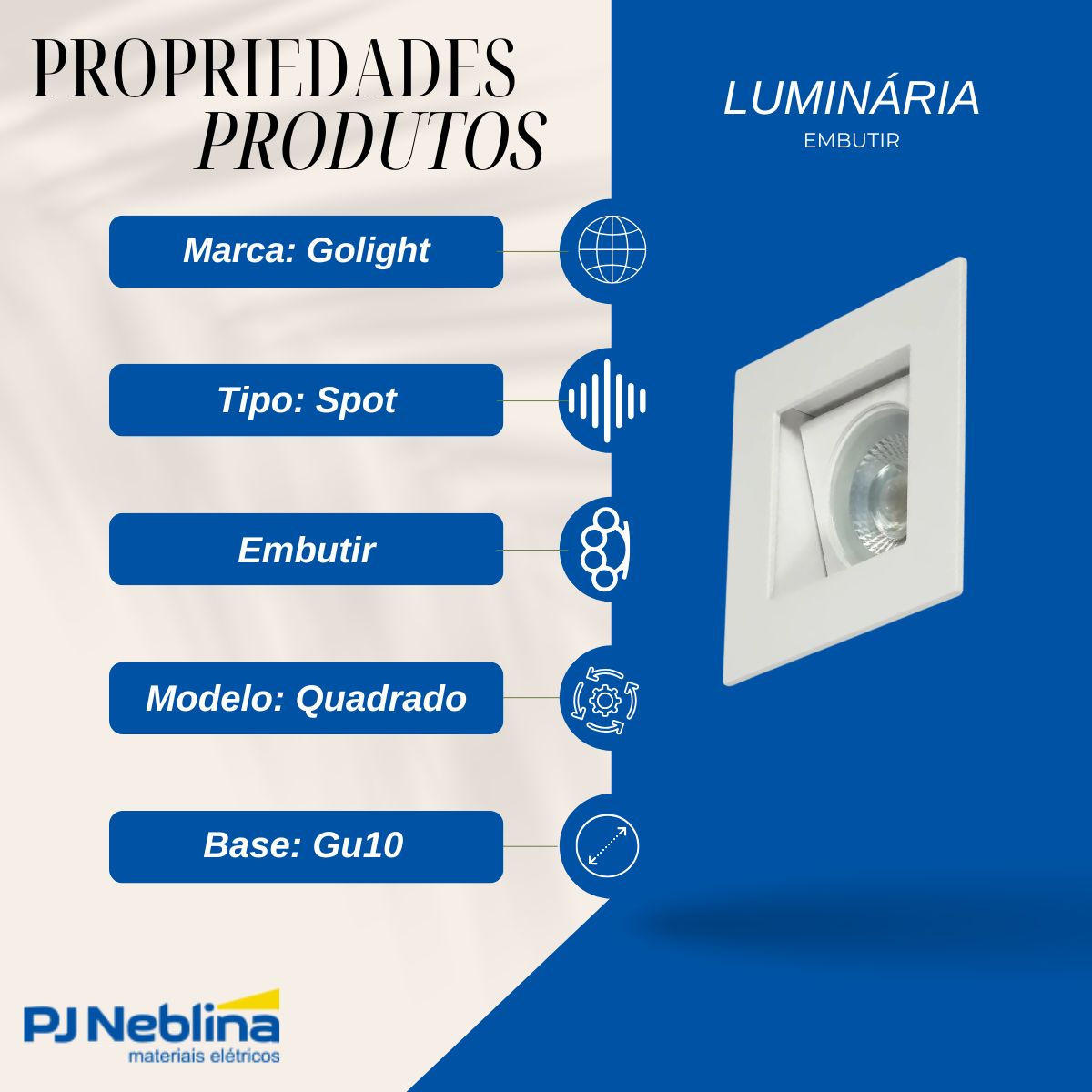 Luminária Spot Embutir Quadrado Branco P/Lâmpada Dicroica 35W Gu10 Foco Direcionável/Recuado - Golight