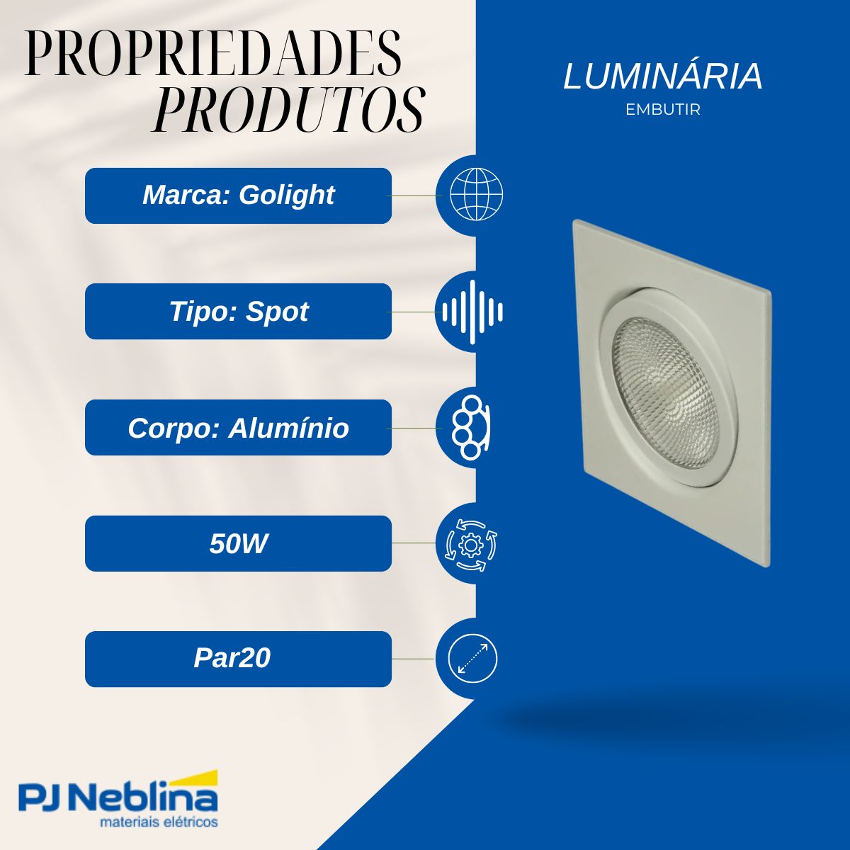 Luminária Spot Embutir Quadrado Branco P/Lâmpada Par20 50W E27 Foco Direcionável - Golight