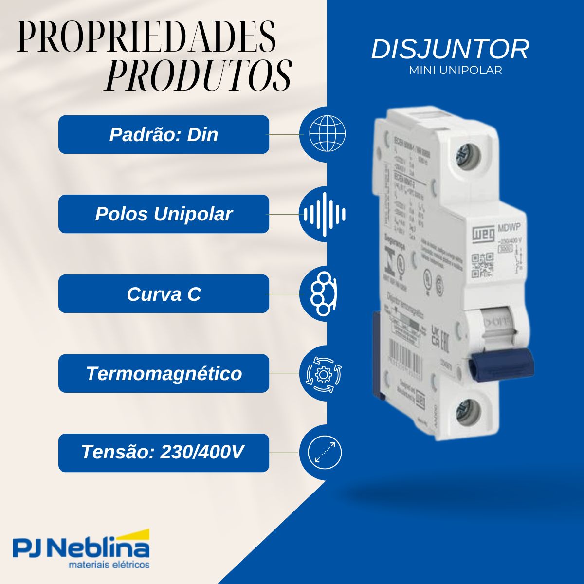 Disjuntor Mini Din Unipolar 6A Curva C 5Ka 230/400V - Weg