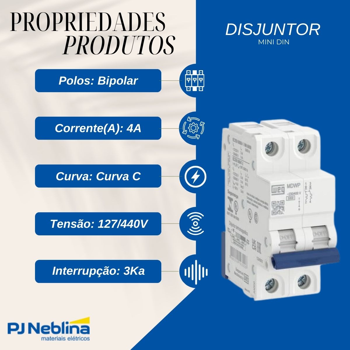 Disjuntor Mini Din Bipolar 4A Curva C 3Ka 230/400V -  Weg