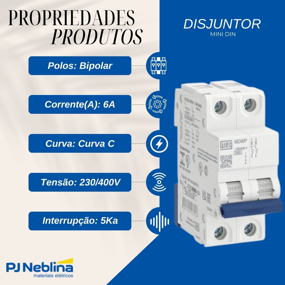 Disjuntor Mini Din Bipolar 6A Curva C 5Ka 230/400V - Weg