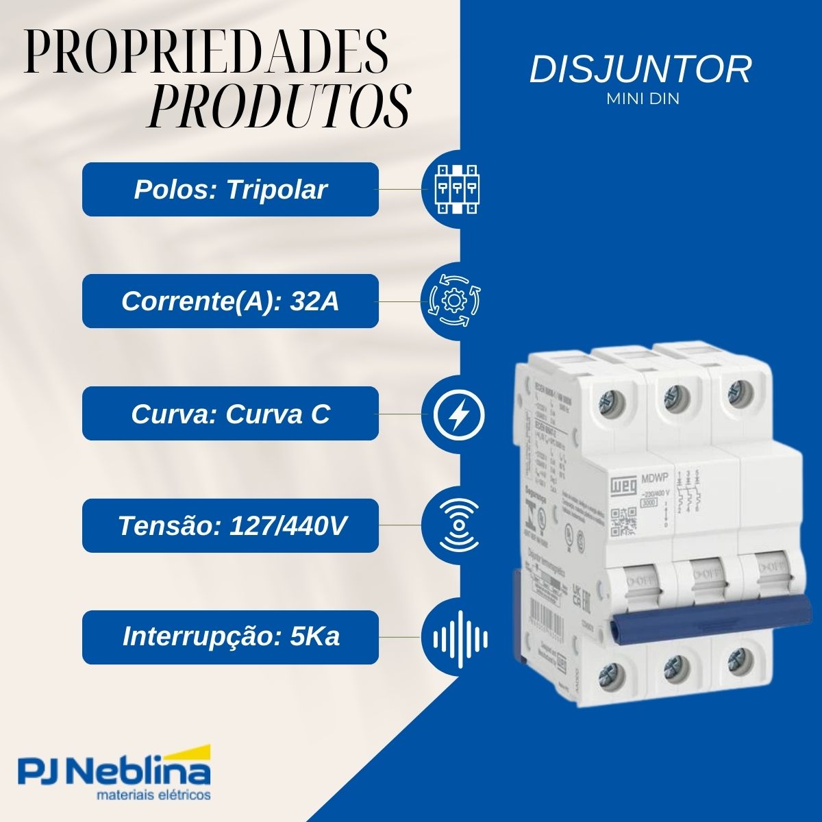 Disjuntor Mini Din Tripolar 32A Curva C 5Ka 230/400V - Weg