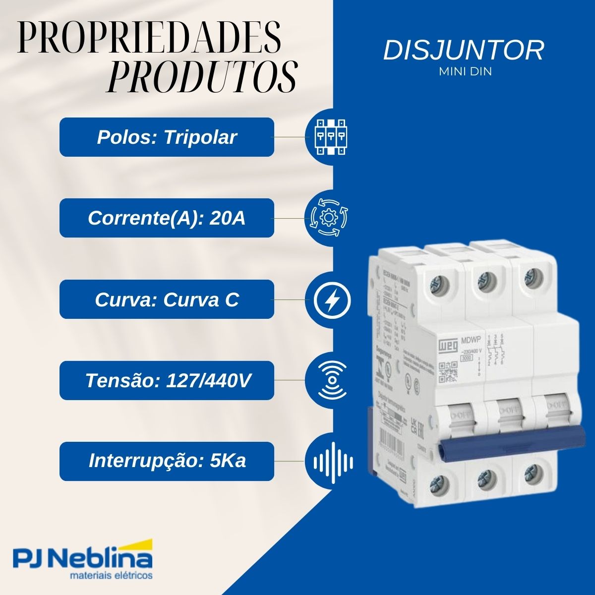 Disjuntor Mini Din Tripolar 20A Curva C 5Ka 230/400V - Weg
