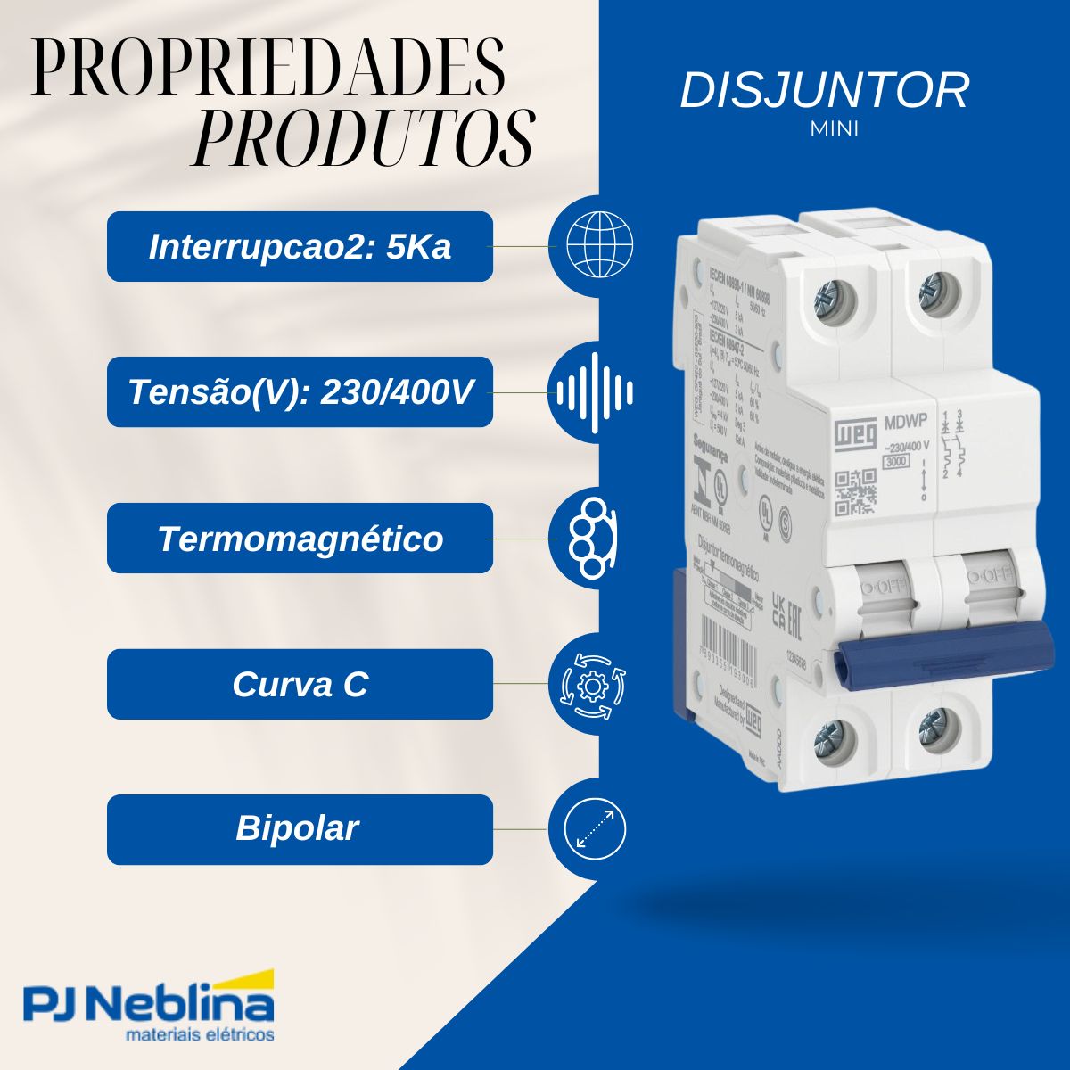 Disjuntor Mini Din Bipolar 32A Curva C 5Ka 230/400V - Weg