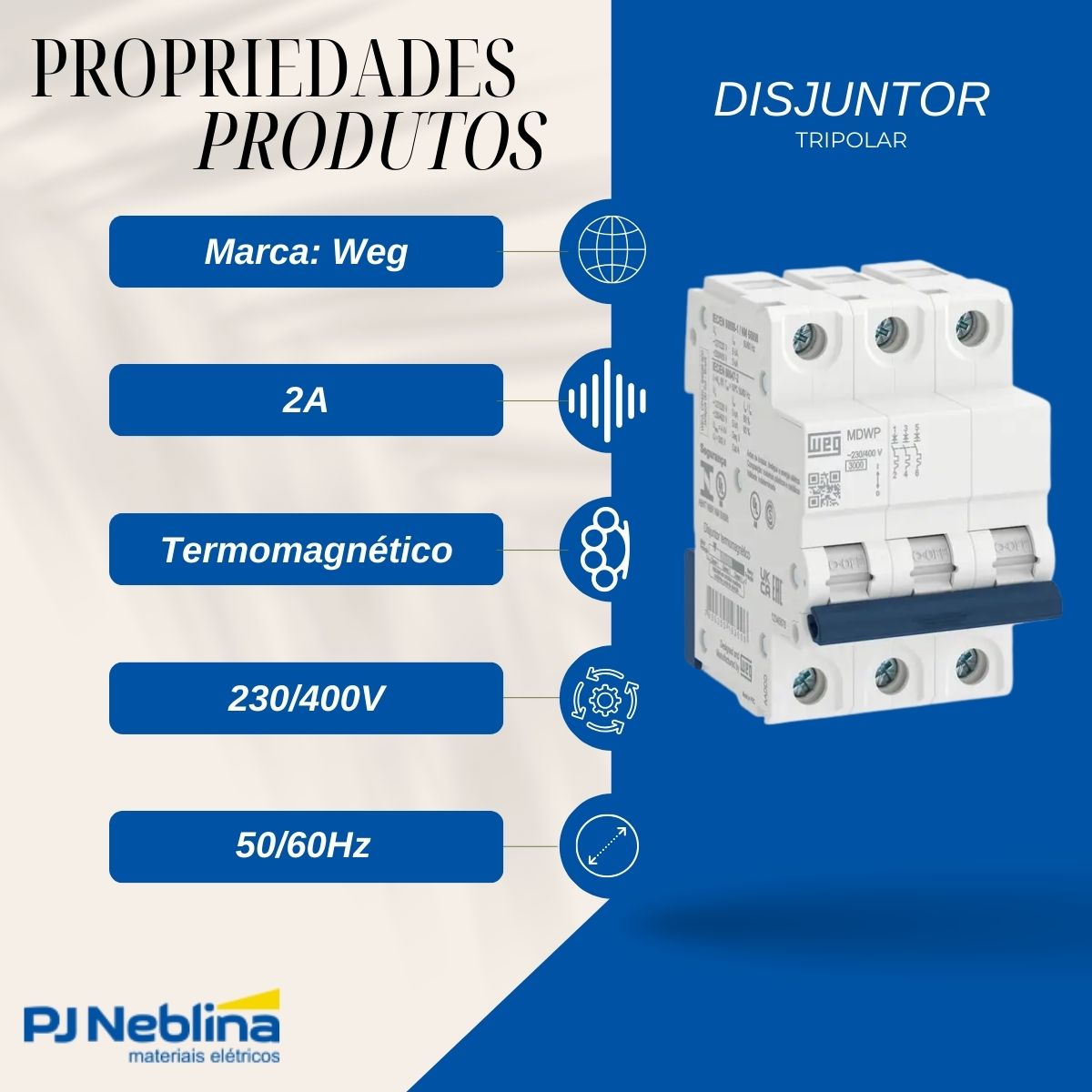 Disjuntor Mini Din Tripolar 2A Curva C 3Ka 230/400V - Weg