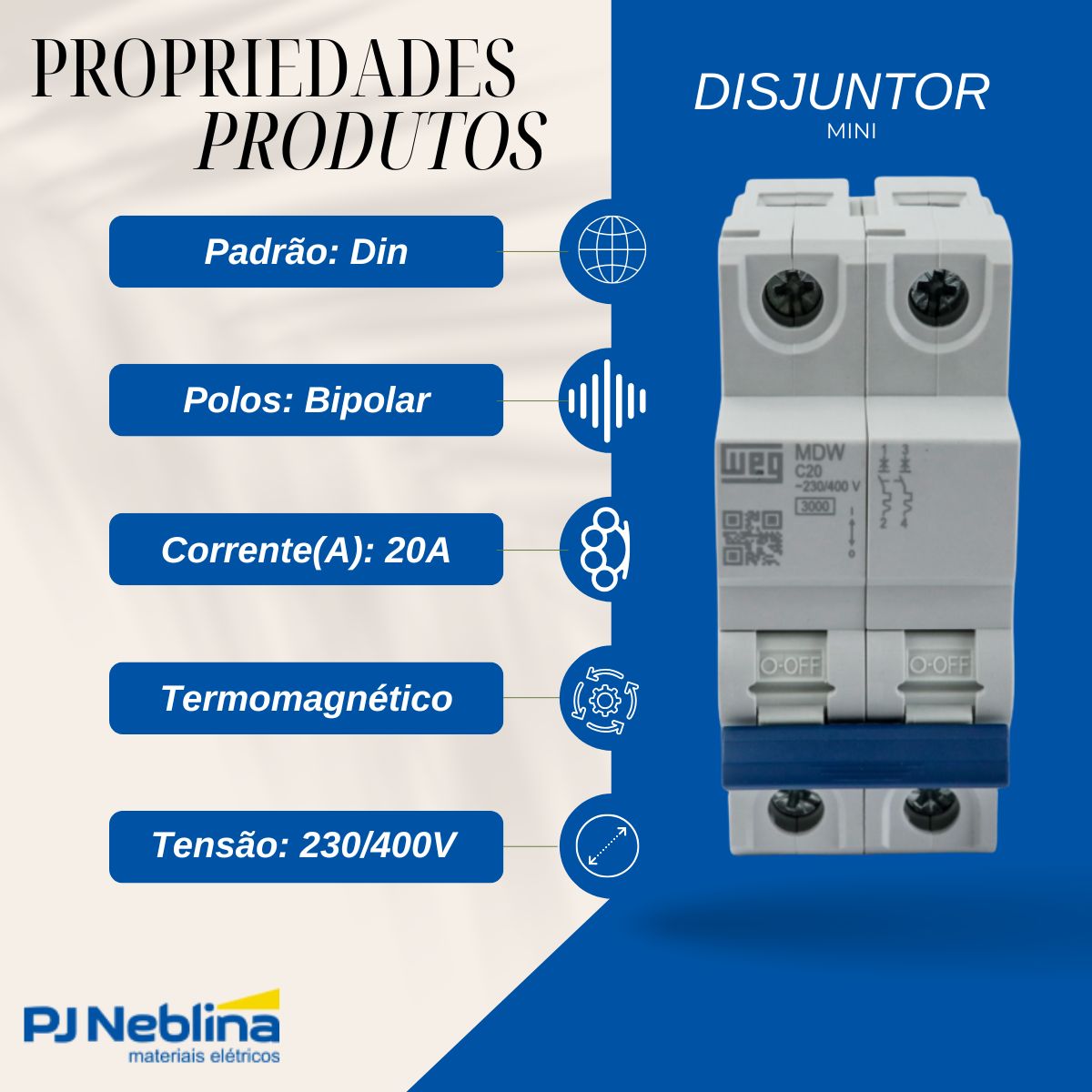 Disjuntor Mini Din Bipolar 20A Curva C 5Ka 230/400V - Weg
