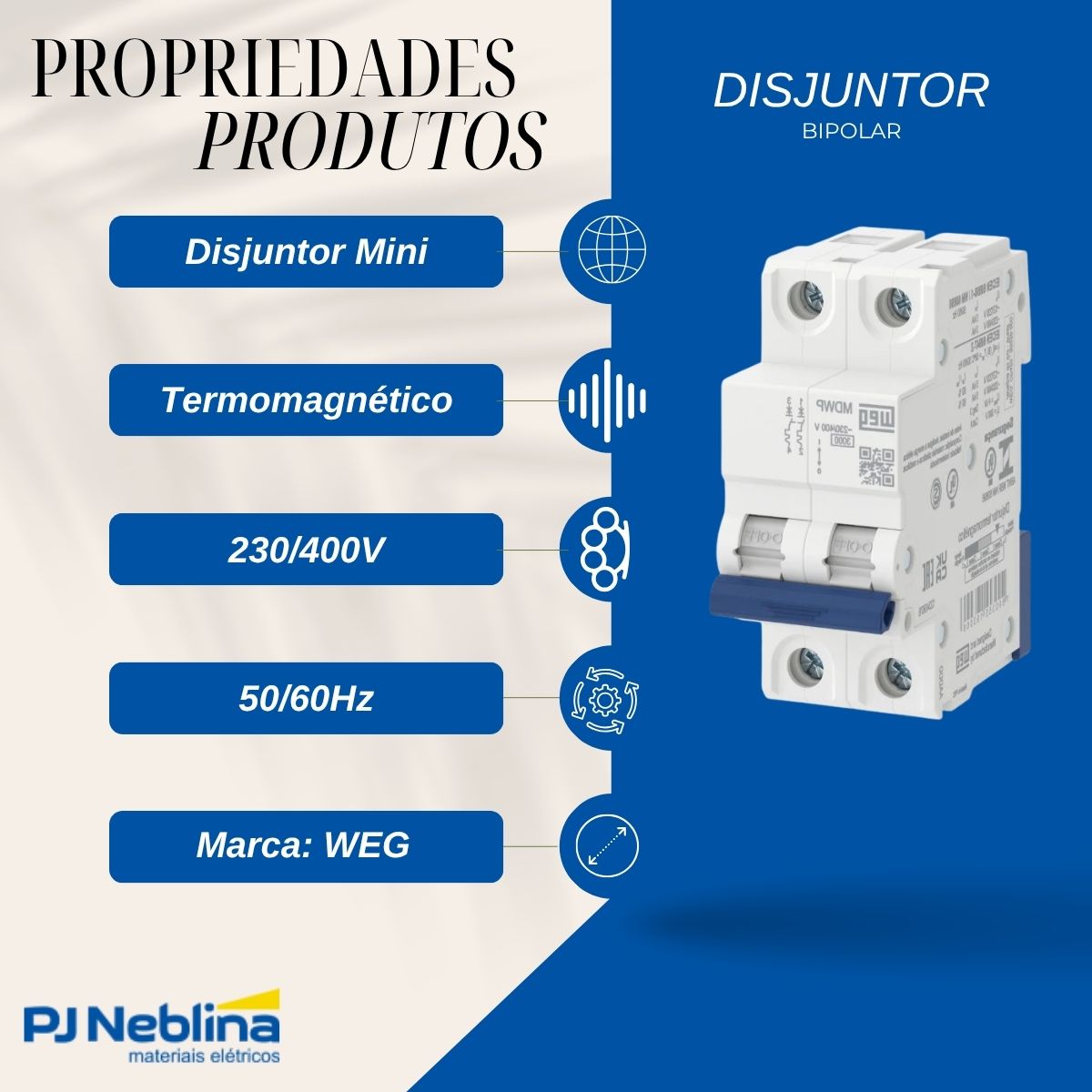 Disjuntor Mini Din Bipolar 63A Curva C 5Ka 230/400V - Weg