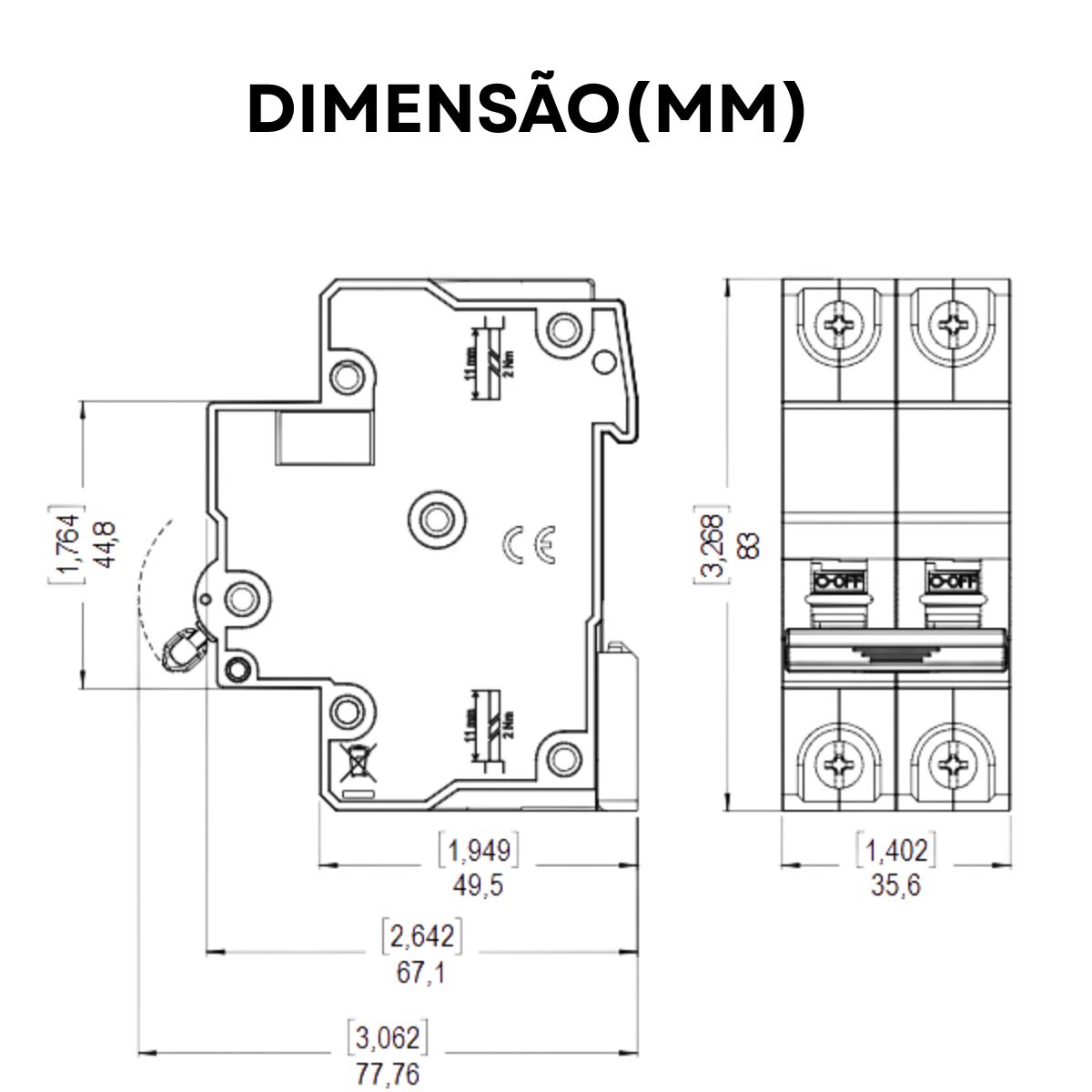 Disjuntor Mini Din Bipolar 10A Curva B 5Ka 230/400V - Weg